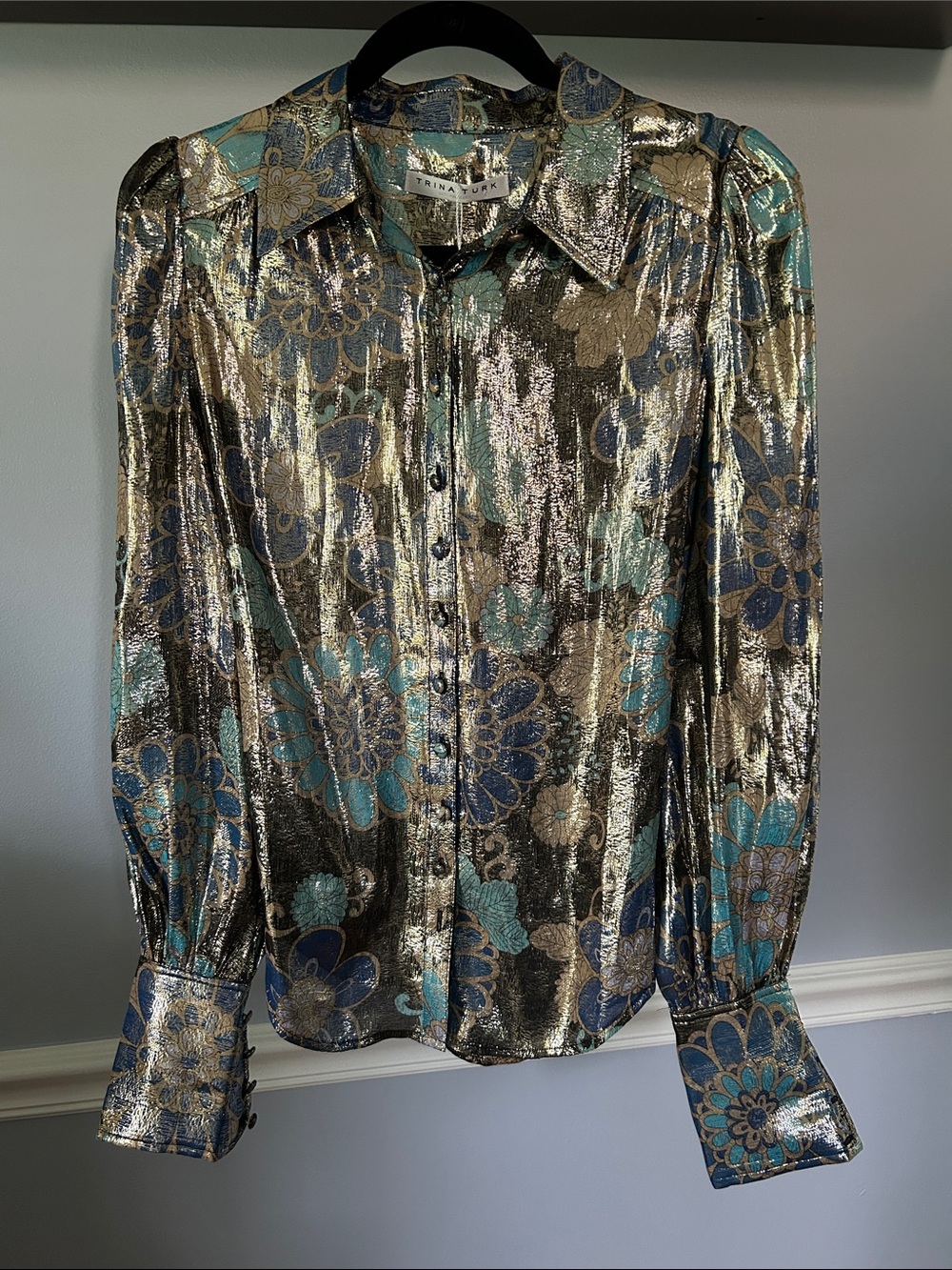 Trina Turk Metallic Floral Button-Up Blouse in Teal, Gold & Navy